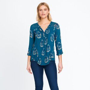 2/$30 Lucky Brand Floral Print Smocked Tunic Top Deep Green Large #BAG1